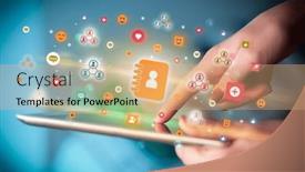  Presentation with knowledge sharing innovation social media - Theme having close-up-of-a-hand background and a coral colored foreground