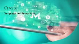  Presentation with tablet - Presentation theme consisting of close-up-of-a-hand background and a teal colored foreground