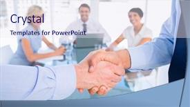  Presentation with business office desk - PPT layouts enhanced with handshake in a business background and a sky blue colored foreground