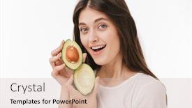  Presentation with fresh avocado - Amazing slide deck having close up of a happy young beautiful woman isolated over white background showing fresh avocado backdrop and a lemonade colored foreground