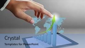  Presentation with show - Presentation featuring close up of a man using tablet computer show business graph background and a teal colored foreground