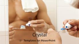  Presentation with toothpaste - Theme consisting of close-up of a man squeezing toothpaste on the brush at the bathroom background and a coral colored foreground