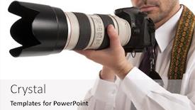  Presentation with camera - PPT theme consisting of close-up-of-a-man background and a light gray colored foreground