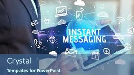 Presentation with instant messaging - PPT theme featuring close-up-of-a-person background and a ocean colored foreground