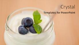  Presentation with blueberries - Amazing presentation having close up of a pot of yoghurt with leaves and four blueberries backdrop and a coral colored foreground