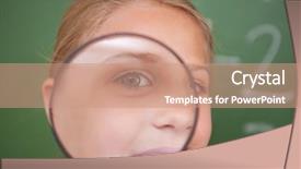  Presentation with looking glass - Presentation theme with close up of a schoolgirl looking through a magnifying glass in a classroom background and a coral colored foreground