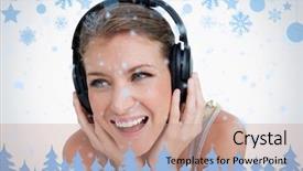  Presentation with blue music - PPT theme consisting of close up of a smiling woman listening to music against snow flake frame in blue background and a coral colored foreground