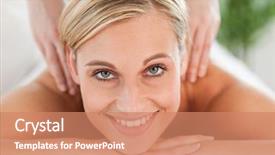  Presentation with wellness - PPT layouts consisting of close up of a smiling woman relaxing on a lounger during a massage looks into camera in a wellness center background and a coral colored foreground