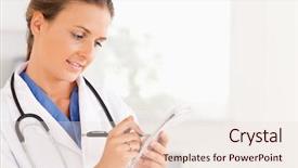  Presentation with surgery - PPT layouts consisting of close up of a smiling brunette doctor writing something down in the surgery background and a lemonade colored foreground