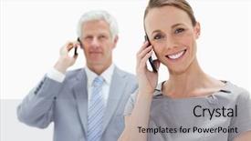  Presentation with hair - Beautiful theme featuring close-up of a smiling woman making a call with a white hair man in background backdrop and a light gray colored foreground