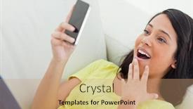  Presentation with latino - Beautiful theme featuring close-up of a surprised latino woman looking her smartphone while lying on a sofa backdrop and a coral colored foreground