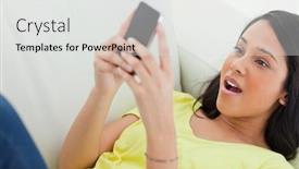  Presentation with latino - Presentation theme consisting of close-up of a surprised latino looking her smartphone while lying on a sofa background and a light gray colored foreground