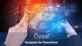  Presentation with software - Beautiful PPT theme featuring close-up-of-a-tablet backdrop and a ocean colored foreground