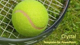  Presentation with badminton ball shuttlecock racket - Presentation design having close up of a tennis ball and racket on grass background and a tawny brown colored foreground