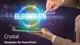  Presentation with blockchain technology - Amazing PPT theme having close-up-of-a-touchscreen backdrop and a wine colored foreground