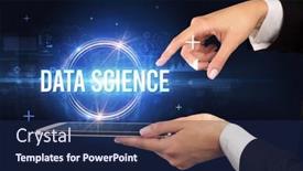  Presentation with data science - Audience pleasing presentation design consisting of close-up-of-a-touchscreen backdrop and a navy blue colored foreground