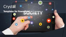  Presentation with society - Presentation theme with close-up-of-a-touchscreen background and a ocean colored foreground