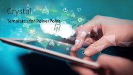  Presentation with technology - PPT theme with close-up-of-a-touchscreen background and a teal colored foreground