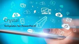  Presentation with hand drawn cartoon of sports - PPT layouts having close-up-of-a-touchscreen background and a cyan colored foreground