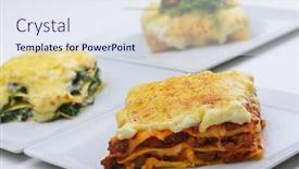  Presentation with beef - Theme having close-up of a traditional lasagna made with minced beef bolognese sauce topped with basil leafs served on a white plate background and a sky blue colored foreground