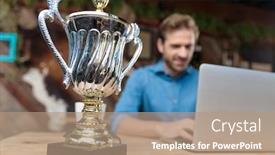 Presentation with front desk - Amazing presentation having close up of a trophy in front of a working businessman dressed in a blue shirt sitting at a desk on coffeeshop background backdrop and a coral colored foreground