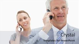  Presentation with hair - Audience pleasing theme consisting of close-up of a white hair businessman talking on the phone with a smiling woman in background backdrop and a light blue colored foreground