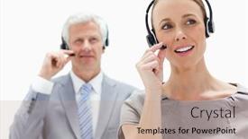  Presentation with hair - PPT layouts featuring close-up of a woman talking and wearing a headset with a white hair businessman in the background background and a coral colored foreground