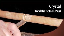  Presentation with chisel - Presentation consisting of close-up of a woodworker using a chisel and a lathe to form and decorate a chair rail background and a black colored foreground