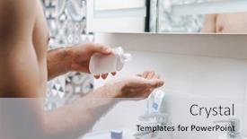  Presentation with lotion - Presentation with close up of a young shirtless man applying aftershave lotion while standing at the bathroom mirror background and a light gray colored foreground