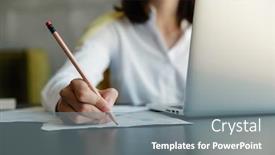  Presentation with taking notes - Cool new PPT theme with close-up-of-a-young backdrop and a gray colored foreground