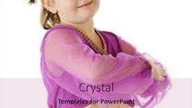  Presentation with purple gold - Colorful presentation design enhanced with close-up of a young genie in a purple and gold outfit her arms crossed in front on a white background backdrop and a coral colored foreground
