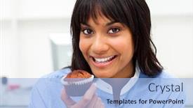 Presentation with muffin - PPT theme with close-up of a young businesswoman eating a muffin in the office background and a light blue colored foreground