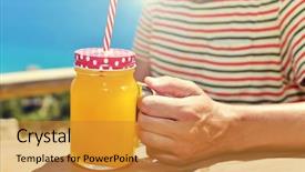  Presentation with mason jar - Amazing slide set having close up of a young caucasian man having an orange beverage in a glass mason jar sitting in a wooden table outdoors with the ocean in the background backdrop and a gold colored foreground