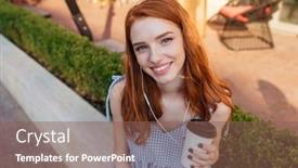  Presentation with coffee music - Theme enhanced with close up of a young smiling redhead girl in earphones holding cup of coffee and looking at camera while sitting outdoors and listening to music background and a violet colored foreground