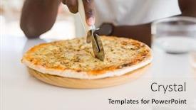  Presentation with cutting tools engineering milling - Presentation theme with close up of african man cutting a slice of cheese pizza using a cutter background and a lemonade colored foreground
