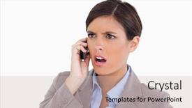  Presentation with entrepreneur - Amazing PPT layouts having close up of angry entrepreneur on her cellphone against a white background backdrop and a soft green colored foreground