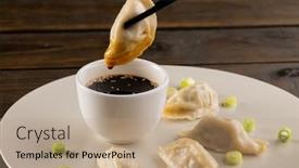  Presentation with asian chopsticks - Presentation theme enhanced with close-up-of-asian-dumplings background and a coral colored foreground