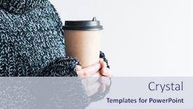  Presentation with winter blue - Presentation design having close up of beautiful female hands holding big cup of coffee woman wearing warm winter knitted blue sweater background and a sky blue colored foreground
