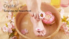  Presentation with fluid - Beautiful slide deck featuring close-up of beautiful female feet in wooden bowl filled with fluid cosmetics flowers all around concept of natural spa treatment backdrop and a coral colored foreground