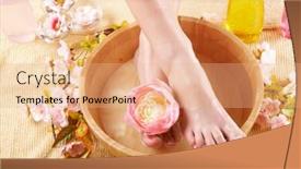  Presentation with fluid - Colorful theme enhanced with close-up of beautiful female feet in wooden bowl filled with fluid cosmetics flowers all around concept of natural spa treatment backdrop and a coral colored foreground