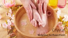  Presentation with cosmetics natural - Slides with close-up of beautiful female feet in wooden bowl filled with fluid cosmetics flowers all around concept of natural spa treatment background and a coral colored foreground