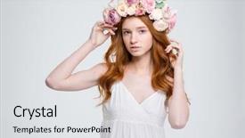  Presentation with flower woman - Cool new slide set with close up of beautiful young woman with curly red hair in flower wreath and white sunflower over white background backdrop and a light gray colored foreground