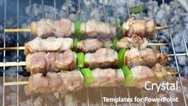  Presentation with grill - Cool new PPT layouts with close-up-of-beef-shish backdrop and a coral colored foreground