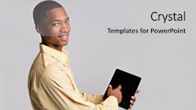  Presentation with black hand - PPT theme consisting of close up of black businessman hand pointing to tablet pc on grey background background and a light gray colored foreground