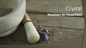  Presentation with table salt - Presentation having close-up of black salt in mortar on wooden table background and a gray colored foreground