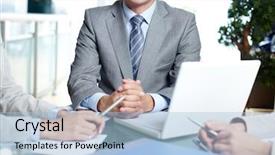  Presentation with females - Beautiful presentation featuring close-up of boss at workplace with laptop and two females near backdrop and a light blue colored foreground