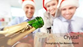  Presentation with flutes - Presentation theme enhanced with close up of bottle of champagne and flutes in the background of business people background and a coral colored foreground