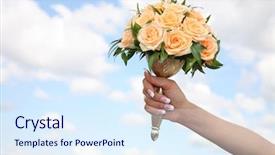  Presentation with yellow rose - Presentation enhanced with close-up of bridal hand holding yellow rose bouquet on background of sky background and a sky blue colored foreground
