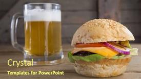  Presentation with burger - Audience pleasing slide set consisting of close-up of burger with glass of beer on wooden table backdrop and a tawny brown colored foreground