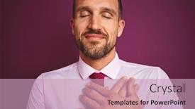  Presentation with purple business - Cool new presentation design with close up of business man wearing elegant shirt and tie over purple isolated background smiling with hands on chest with closed eyes and grateful gesture on face health concept backdrop and a soft green colored foreground